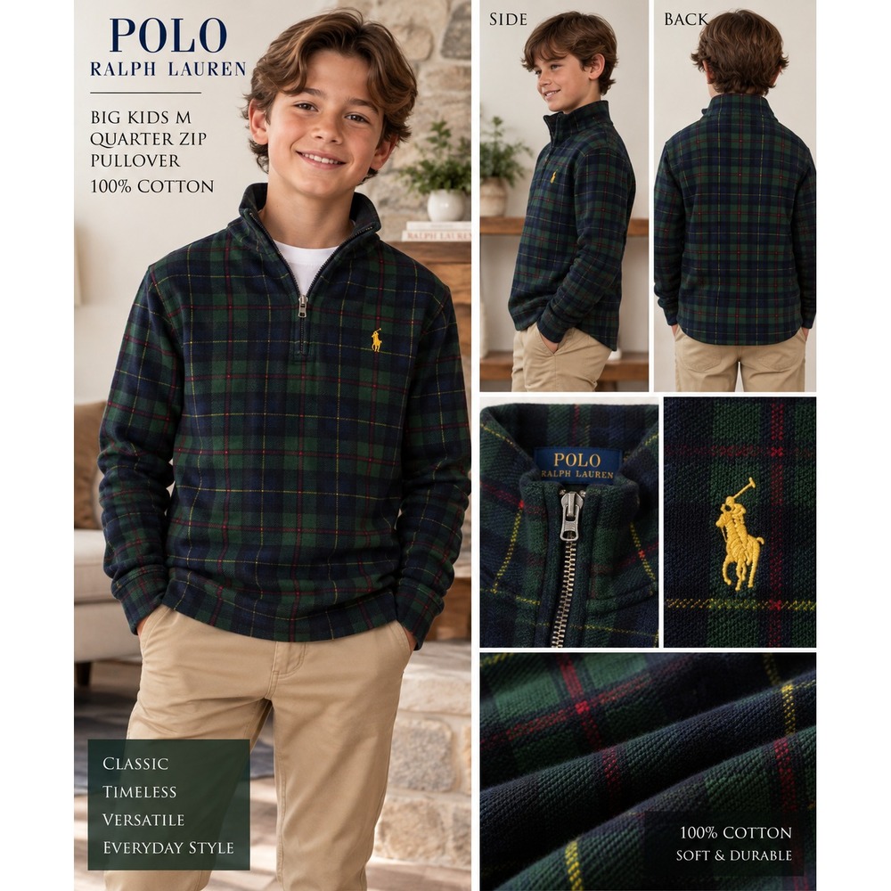 Polo Ralph Lauren Size M 10-12 Green Plaid Quarter Zip Cotton Pullover Kids